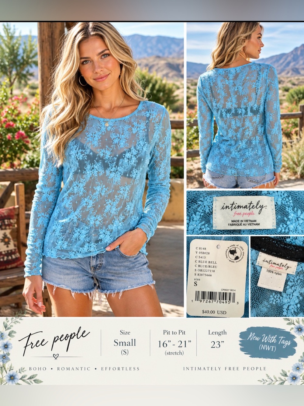 Free People SkyBlue Lace Long Sleeve